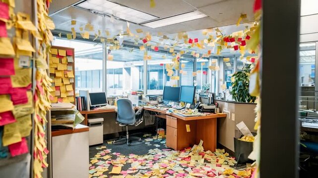 Modern creative office space covered with colorful sticky notes representing brainstorming teamwork innovation productivity and collaborative corporate environment