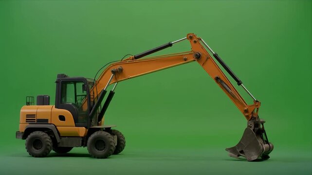 Wheeled excavator side profile on green screen.