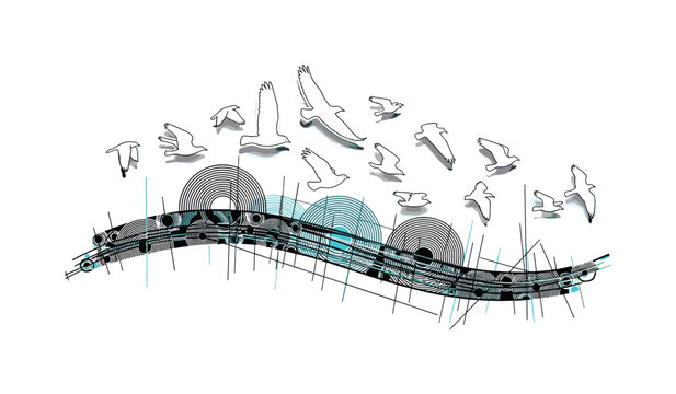 birds flying over forest corridor abstract circles lines and geometric shapes representing aerial wildlife passage black and white retro bird silhouettes with