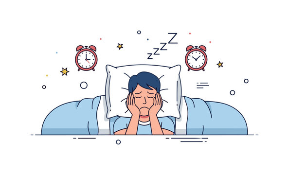 A frustrated sleeper with face pressed into a pillow, surrounded by alarm clocks and rumpled sheets, reflecting stress, restlessness, and inability to sleep.