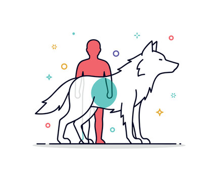 Shapeshifter transformation concept human silhouette blending into a wolf outline with a smooth overlapping transition in the center. A compact editorial