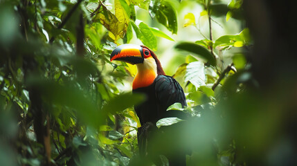 Fototapeta premium A colorful toucan perches among dense jungle foliage, showcasing its vivid beak and striking plumage