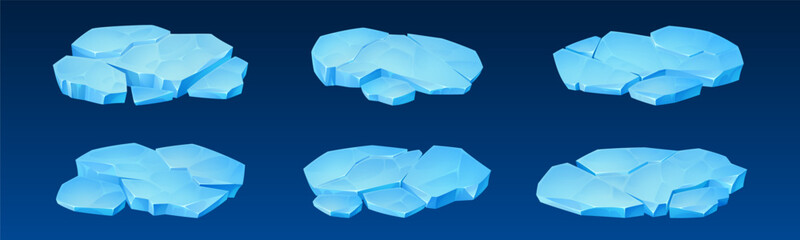 Ice glacier and iceberg blocks with snow surfaces in cartoon style. Arctic floe formations of frozen crystal pieces and broken polar elements. Floating berg chunks in cold winter ocean. © vectorpouch