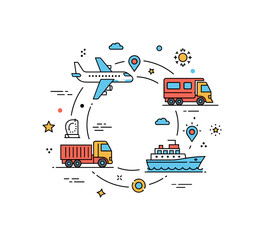 Fototapeta premium Multimodal transport concept interconnected airplane train truck and ship icons arranged around a circular route map, highlighting cooperation