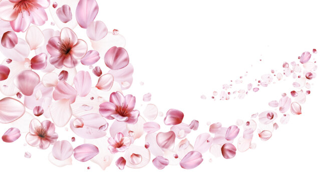 Sakura blossom with delicate pink petals flying in spring breeze. Realistic cherry flower elements in romantic Japanese atmosphere with soft floral patterns and gentle fragrance effect on white.