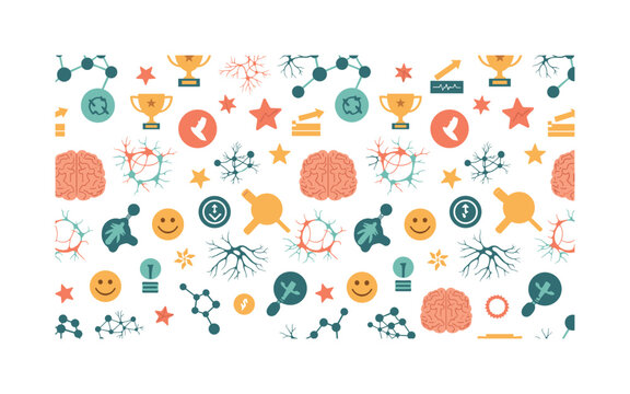 brain reward system seamless pattern, dopamine molecules, neurons, motivational icons, reward symbols and synaptic activity arranged in a repeating pattern,