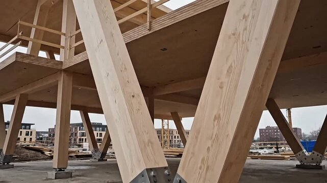 Progress on a sustainable wood building construction site, showcasing modern timber framework and eco-friendly design