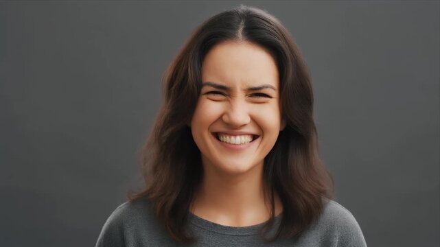 Woman changes facial expressions from uncertainty to joy.