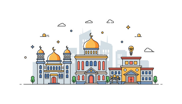 A cityscape showing religious buildings alongside secular institutions like schools and libraries, highlighting harmony, neutrality, and the influence of