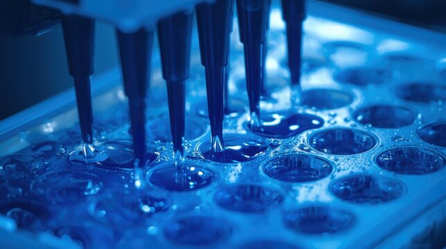 Micropipettes dispensing liquids into a 96 well plate in a laboratory setting with blue illumination