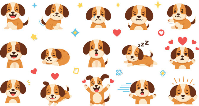 Cute puppy emotions set with different facial expressions and moods, adorable dog cartoon character collection for stickers and emoticons vector illustration