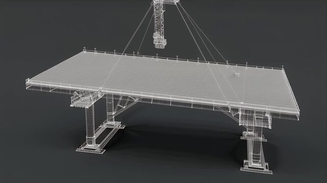 Wireframe gantry crane lifting platform engineering animation.