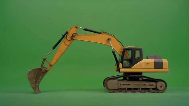 Yellow excavator side view isolated on greenscreen with moving bucket.