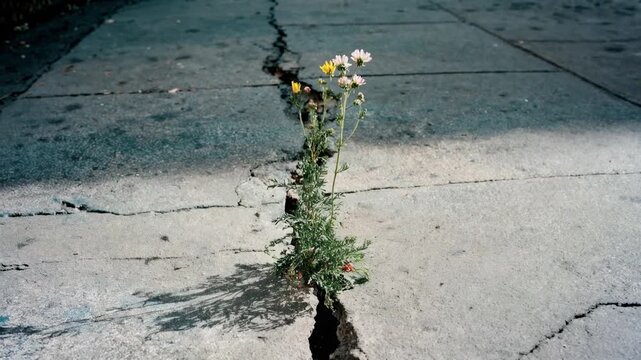 Small wildflower emerging through cracked pavement symbolizing hope resilience urban growth environmental persistence and fragile beauty in harsh city setting