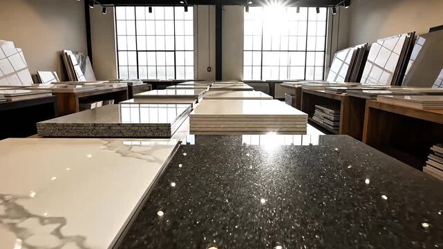 A modern showroom showcasing a wide selection of beautiful stone slabs for kitchen, bath, and design projects