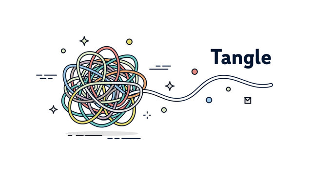 Tangle concept with a chaotic knot of intertwined lines forming a messy bundle at the center. A single smooth line begins to untangle from the knot suggesting