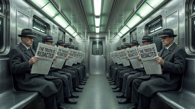 Surreal symmetrical view of identical men in grey coats and hats sitting inside a subway car reading newspapers with the headline truth is redacted.