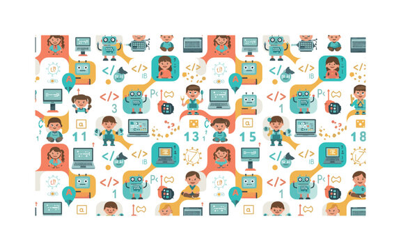 kids coding and learning apps seamless pattern, children with laptops robots coding symbols numbers and letters arranged in a repeating pattern,