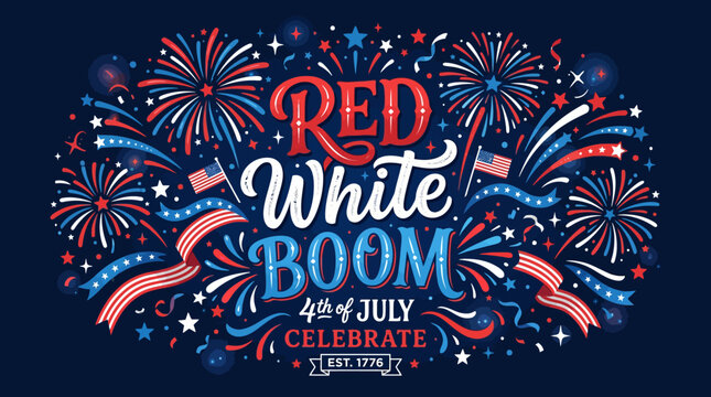 Vibrant patriotic celebration with fireworks, flags, and festive colors for Independence Day on July 4th
