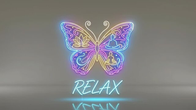 Neon butterfly relax sign logo.