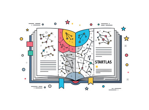 Modern star atlas concept featuring an open book with neatly segmented star maps and thin boundary lines defining each constellation region. A compact and