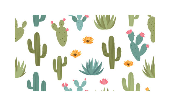 desert cactus plants and flowers seamless pattern, repeating pattern, surface design, textile print, soft color palette, modern illustration, flat vector
