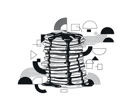 pancake stack with syrup, semicircles curved lines and geometric blocks suggesting flowing motion, black and white vintage pancakes stacked high with syrup