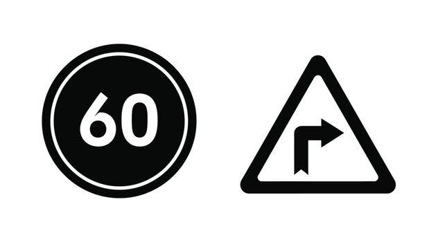 Road signs displaying speed limit and turn a stark silhouette