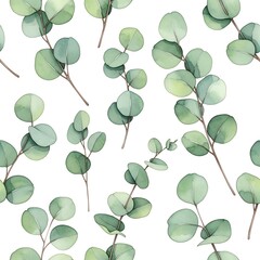 Obraz premium Beautiful watercolor eucalyptus leaves and branches in seamless pattern design for backgrounds and decorations