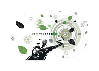 Obraz premium bicycle path surrounded by spring leaves, concentric circles abstract lines and geometric dots structuring calm harmony, black and white retro bike riding