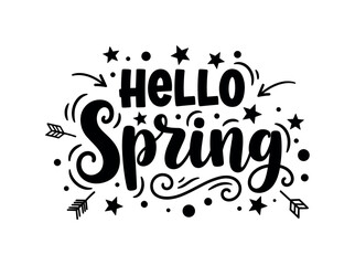Fototapeta premium Hello Spring. lettering and all elements in black. Vector style. AWhite background. Pure white background. Perfect isolation and visual consistency. Bold