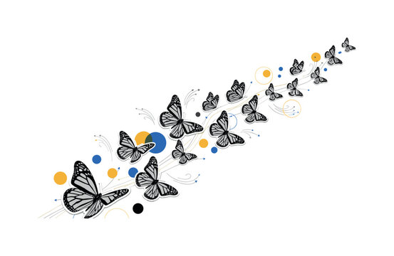 retro style collage of monarch butterflies flying in group migration, monochrome realistic butterflies with white cut-out outline, geometric circles and thin