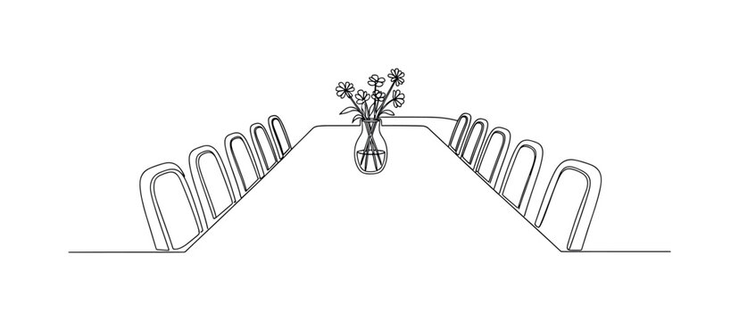 Garden Party Dinner Scene. Minimalistic one-line drawing long outdoor party table with chairs and a small vase of flowers, continuous single black line on