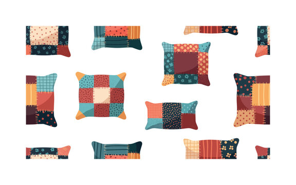 handmade textile upcycling seamless pattern, repeating pattern, surface design, textile print, modern illustration of patchwork pillows, quilts, and fabric