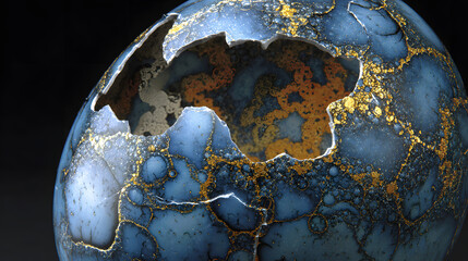 Fototapeta premium A cracked egg revealing swirling blue and gold galaxy-like cholesterol patterns.