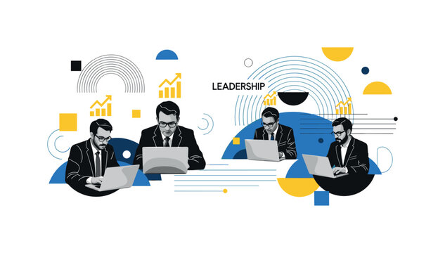 employees working on laptops with growth icons above abstract semicircles lines and geometric blocks symbolizing execution and leadership black and white retro