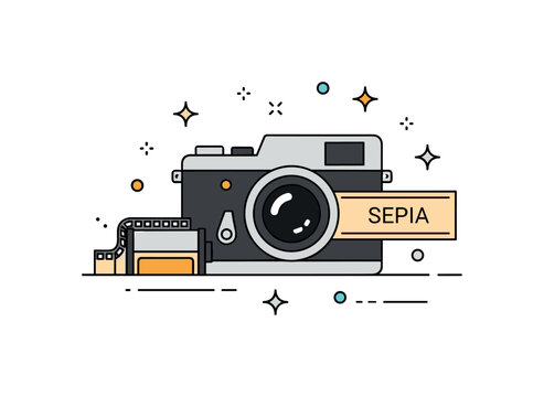 Vintage sepia photography style centered on an old style camera with a small roll of film and a subtle label reading ?Sepia?. The scene represents classic