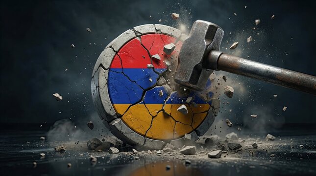 Armenian Flag Shield Destroyed by Hammer: A symbolic representation of conflict and destruction, a shield adorned with the Armenian flag shatters under the impact of a large hammer.