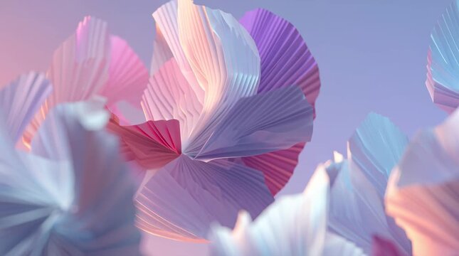 Abstract 3D animation floating origami landscapes, folding unfolding mid-air, intricate geometric shapes glowing edges, morphing organic patterns, pastel gradient color palette lavender, soft pink icy