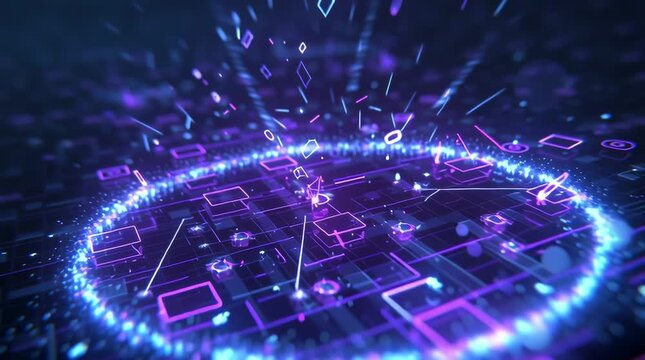 3D digital visualization quantum computing network, glowing entangled qubits moving along abstract circuits, particle streams, neon blue purple light, holographic interface elements, floating data