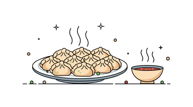 Fresh steamed dumplings plate round plate of dumplings arranged neatly with rising steam lines and a small dipping sauce bowl suggesting a classic Asian