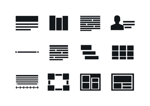Newspaper Typography. Solid icon set of Newspaper Typography: newspaper headline, column text, justified paragraph, byline text, section divider line, serif
