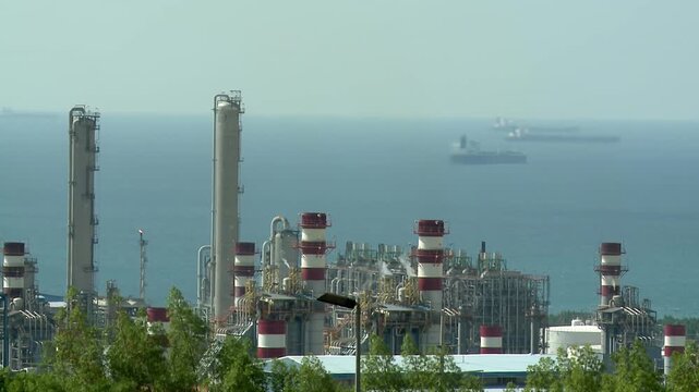 Petrochemical and gas facilities near shore at Asalouyeh, Iran. Asalouyeh is the onshore location for the phased development of Iranian part of Pars gas field, the largest gas field in the world