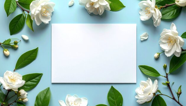A minimal floral design featuring a blank paper card framed by white spring blossoms and green leaves on a decorative nature branch illustration