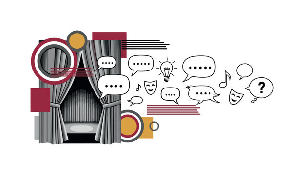 monochrome theatrical curtain opening with floating speech bubbles and improvisation symbols emerging, layered circular shapes and horizontal lines suggesting