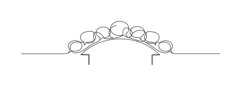 Messaging Bridge. Minimalistic one-line drawing speech bubble icons forming a symbolic bridge over a gap, continuous single black line on white background,