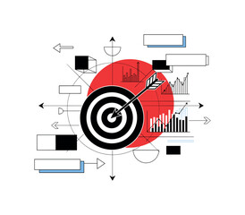 Fototapeta premium black and white target symbol with arrow hitting the center combined with data charts symbolizing marketing performance analytics, large red circle behind the