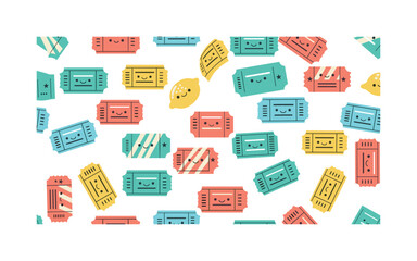 Fototapeta premium cute ticket icons seamless pattern, repeating pattern, surface design, textile print, soft color palette, modern illustration, flat vector playful ticket icons