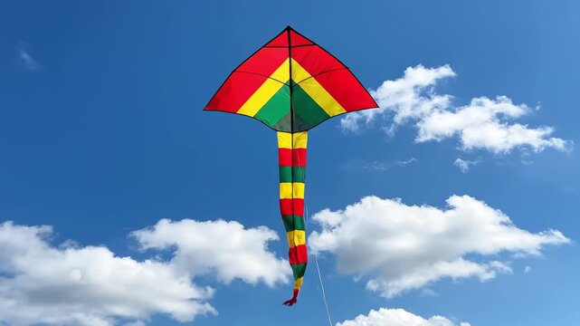 Colorful kite with long tail flying in blue sky highlights kite as axis, repeated as kite playing, kite activity, and kite in sky for outdoor leisure, childhood fun, family activities