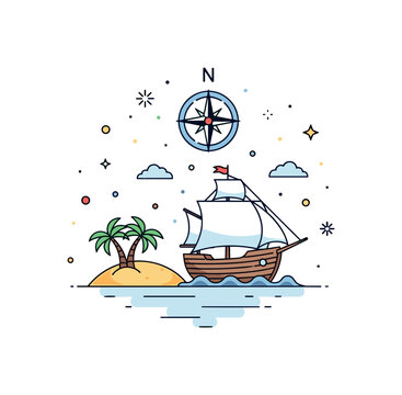 Ancient voyage discovery a sailing ship approaching a small island with palm trees while a compass star above represents navigation and exploration in historic
